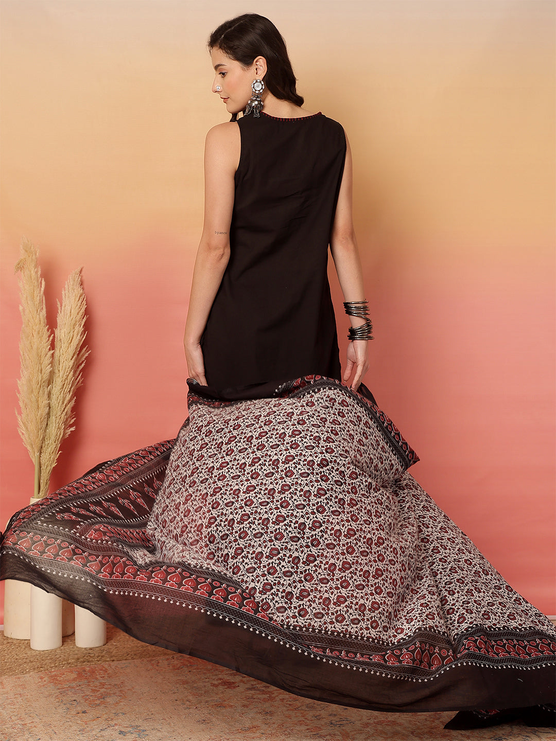 Women Black Straight Fit Kurta with Pant & Dupatta