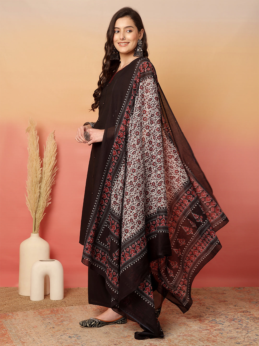 Women Black Straight Fit Kurta with Pant & Dupatta