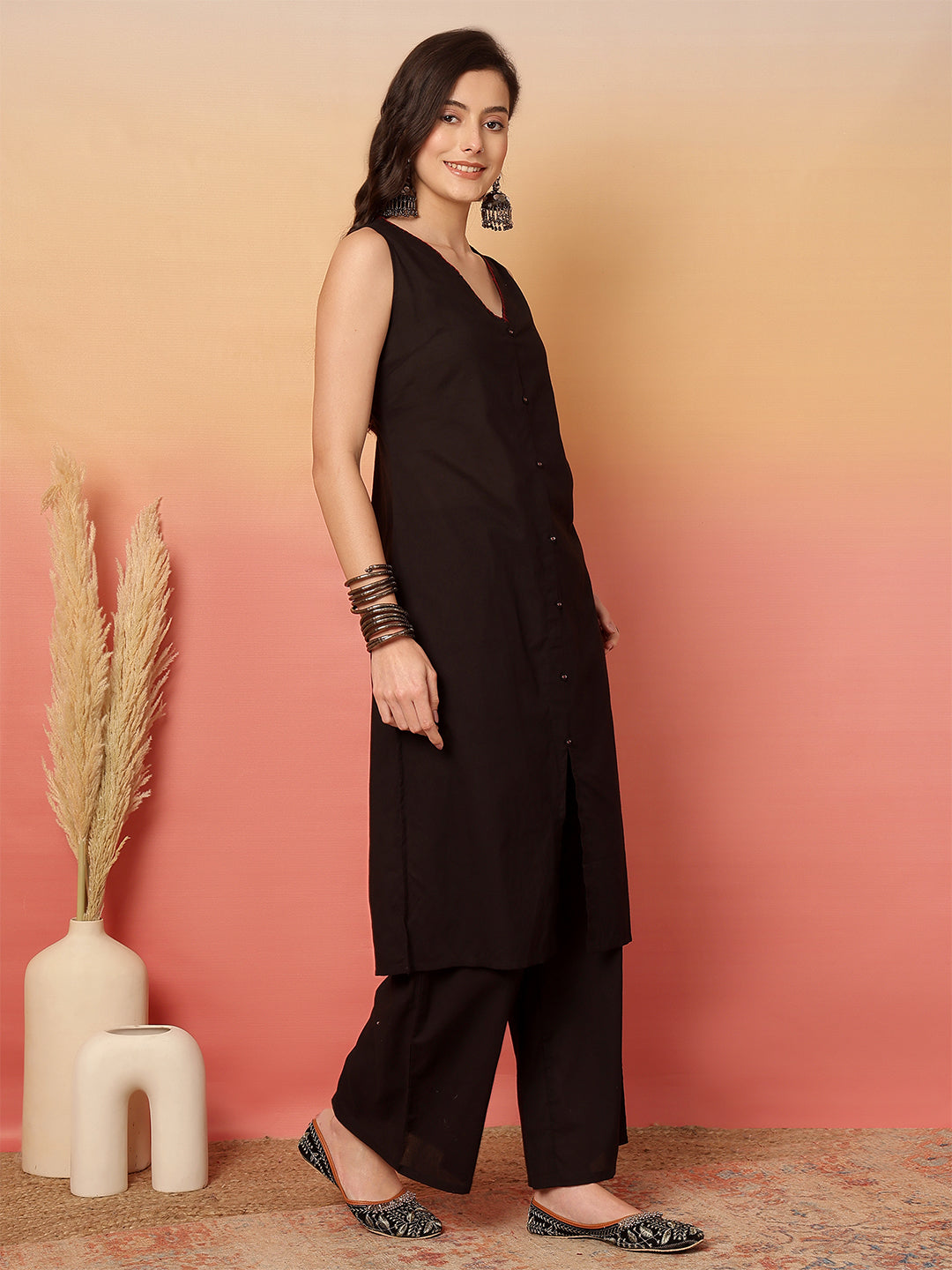 Women Black Straight Fit Kurta with Pant & Dupatta