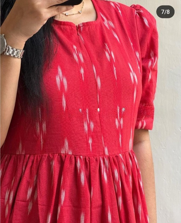 Women Cotton Red Printed Middi Gown
