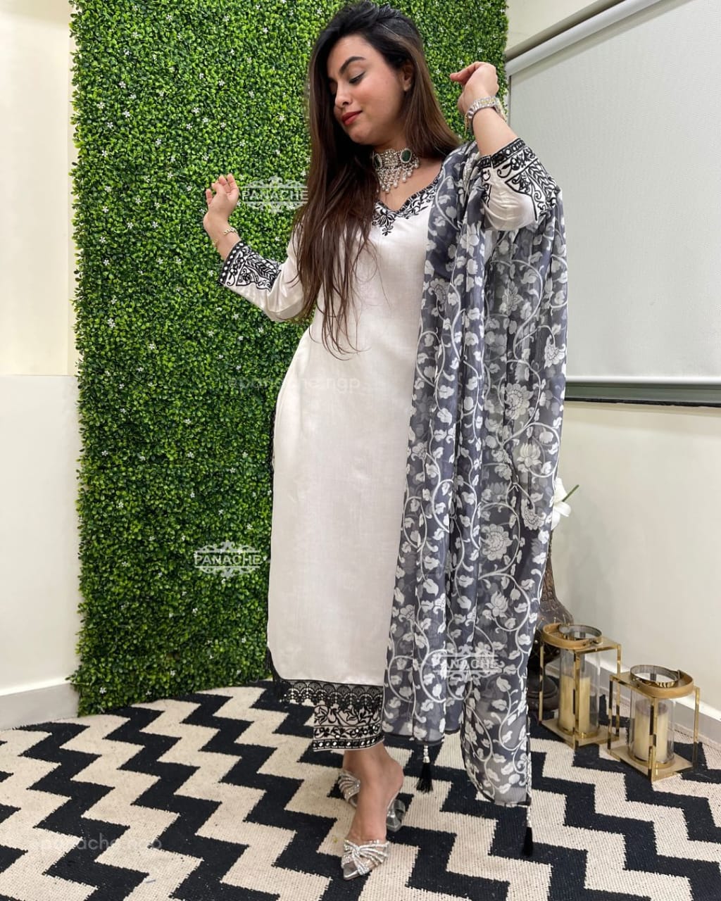 Women Cotton Grey Full Embroidery Kurta Pant and Dupatta set