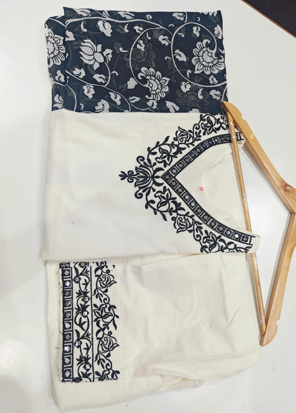 Women Cotton Grey Full Embroidery Kurta Pant and Dupatta set