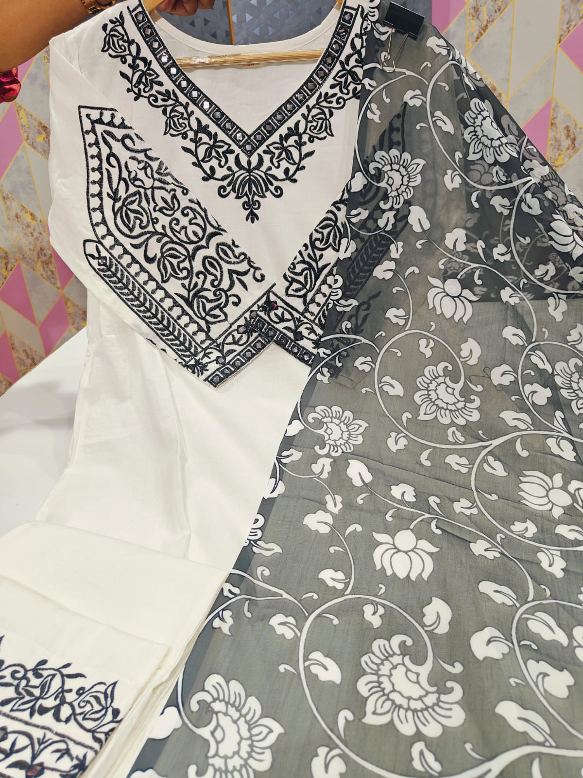 Women Cotton Grey Full Embroidery Kurta Pant and Dupatta set