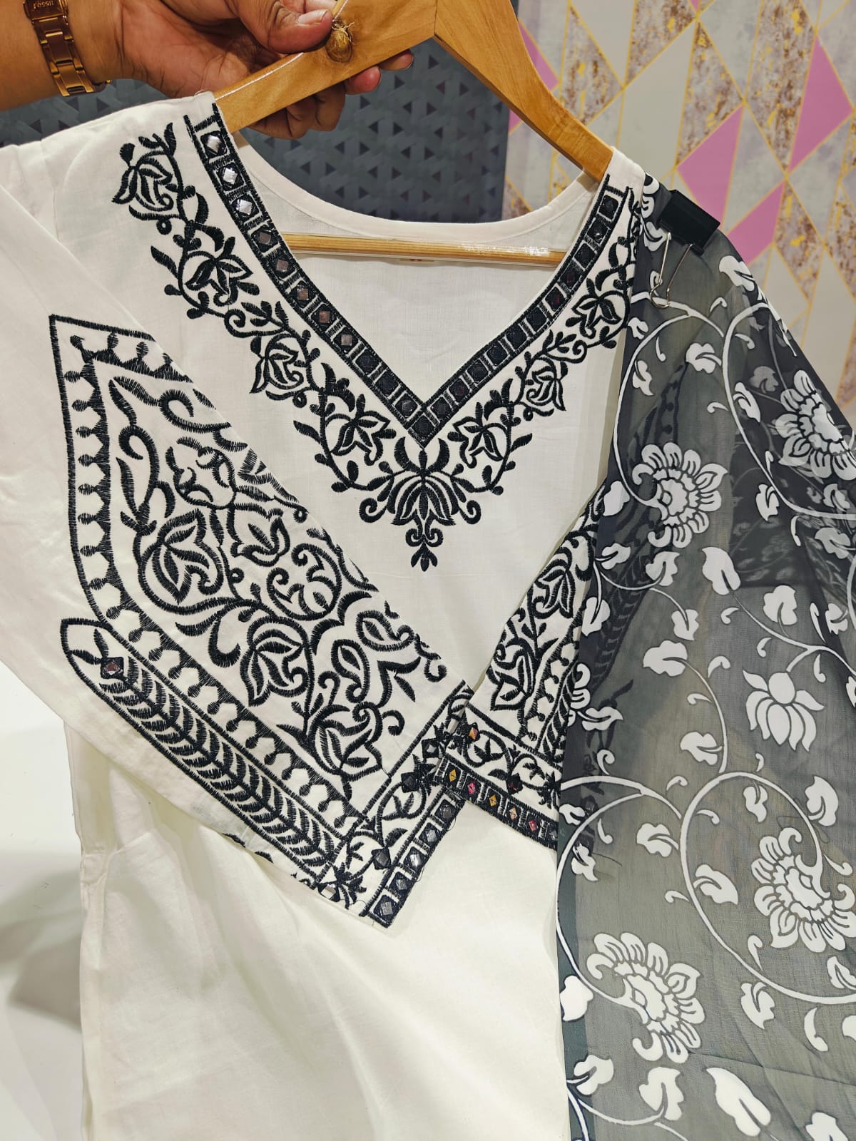 Women Cotton Grey Full Embroidery Kurta Pant and Dupatta set