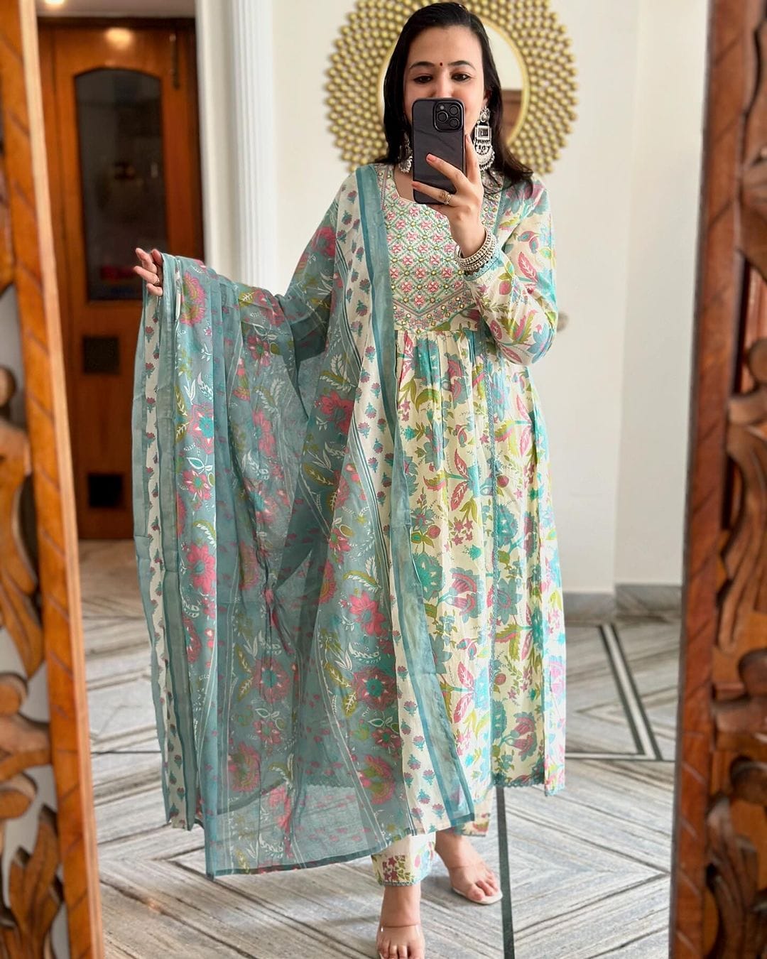 Women Cotton Handwork Multicolor Kurta Pant and Dupatta set