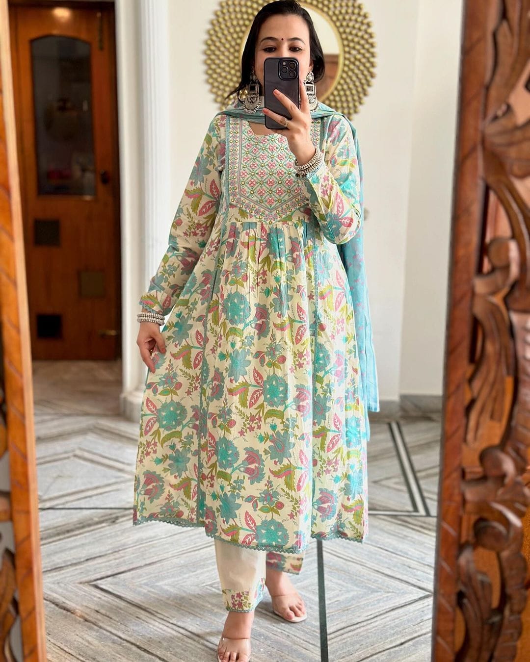 Women Cotton Handwork Multicolor Kurta Pant and Dupatta set
