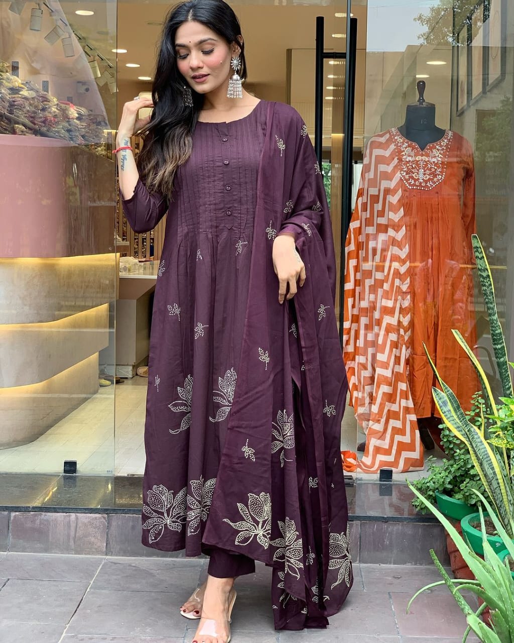 Women Cotton Purple Kurta Pant and Dupatta set
