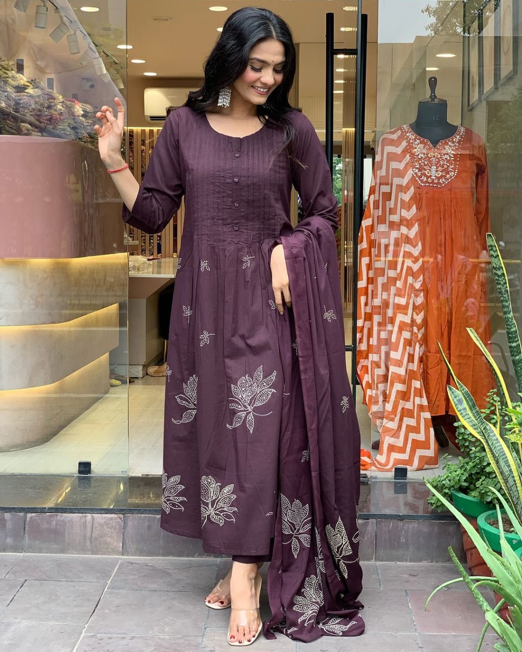 Women Cotton Purple Kurta Pant and Dupatta set