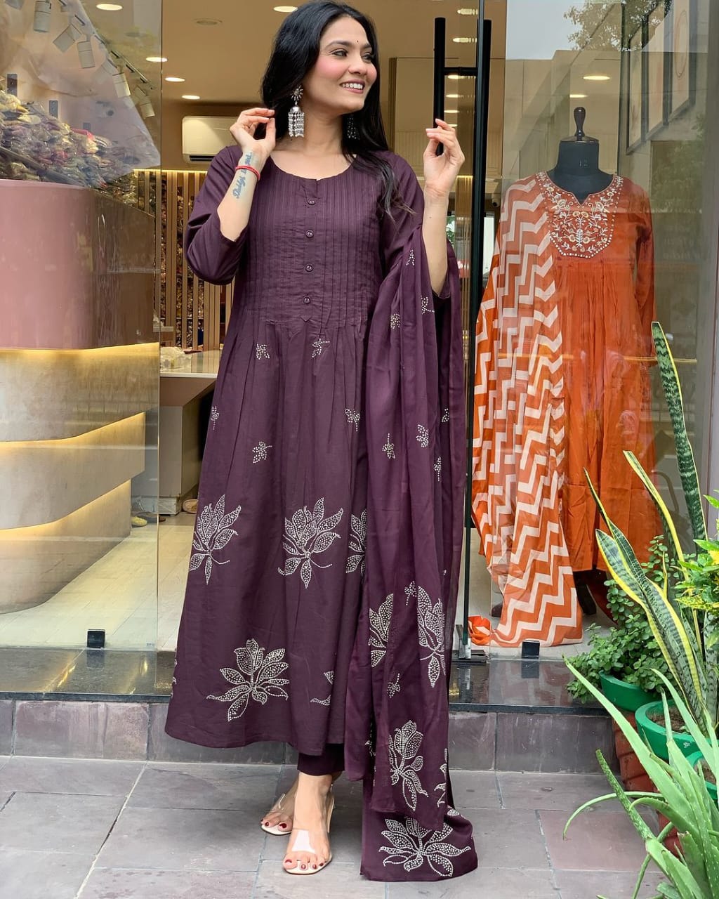 Women Cotton Purple Kurta Pant and Dupatta set