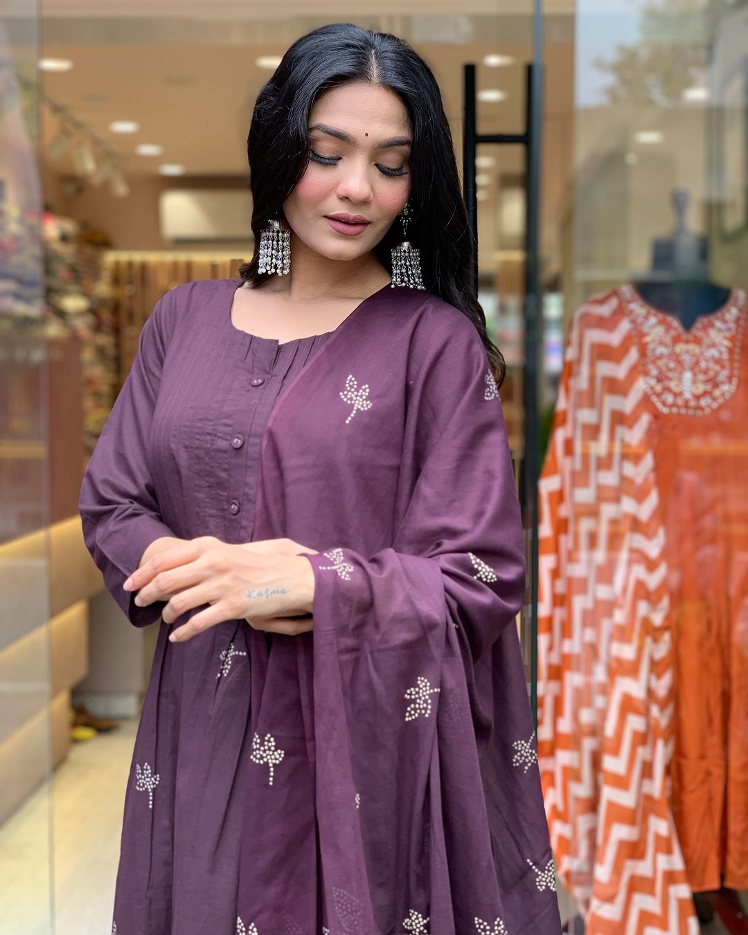 Women Cotton Purple Kurta Pant and Dupatta set