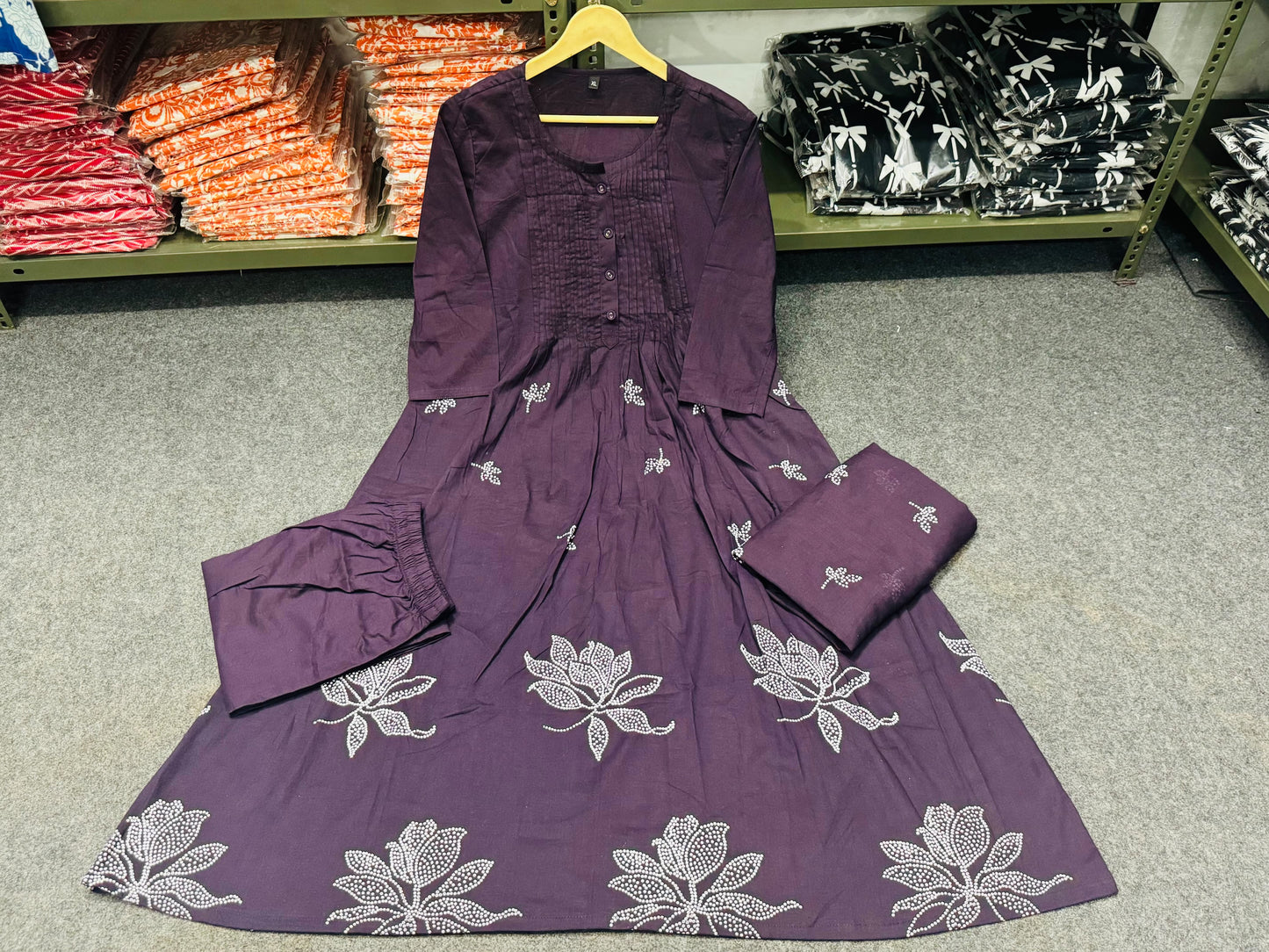 Women Cotton Purple Kurta Pant and Dupatta set
