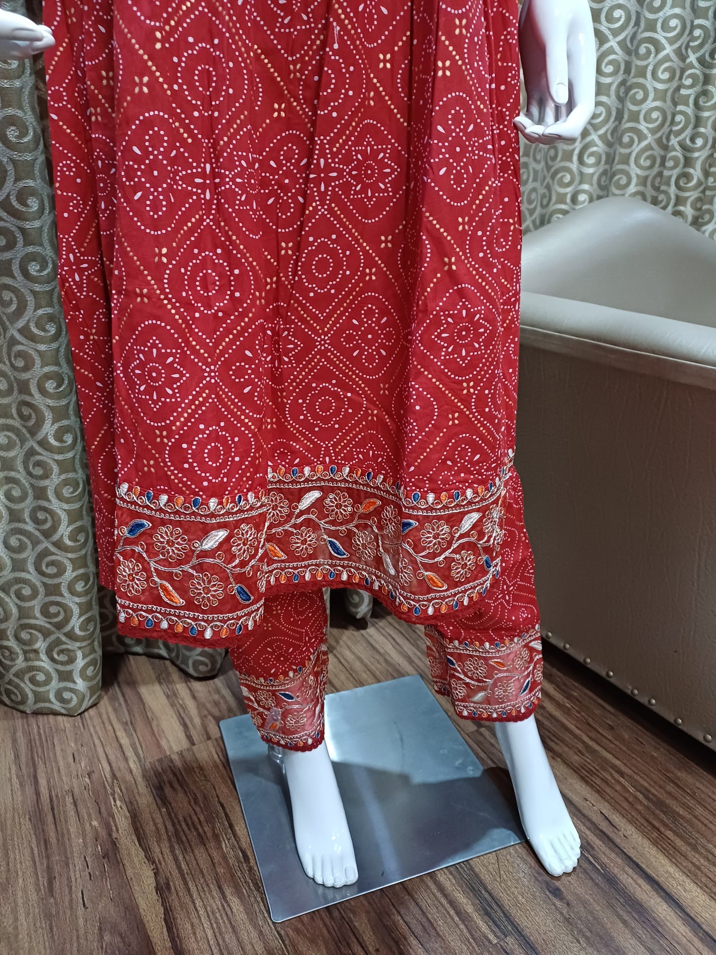 Women Cotton Pure Bandhez Red Kurta Pant and Dupatta set