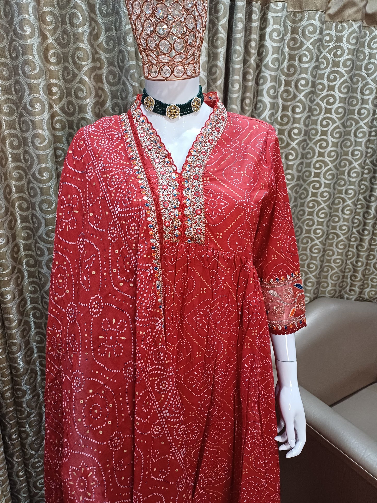 Women Cotton Pure Bandhez Red Kurta Pant and Dupatta set