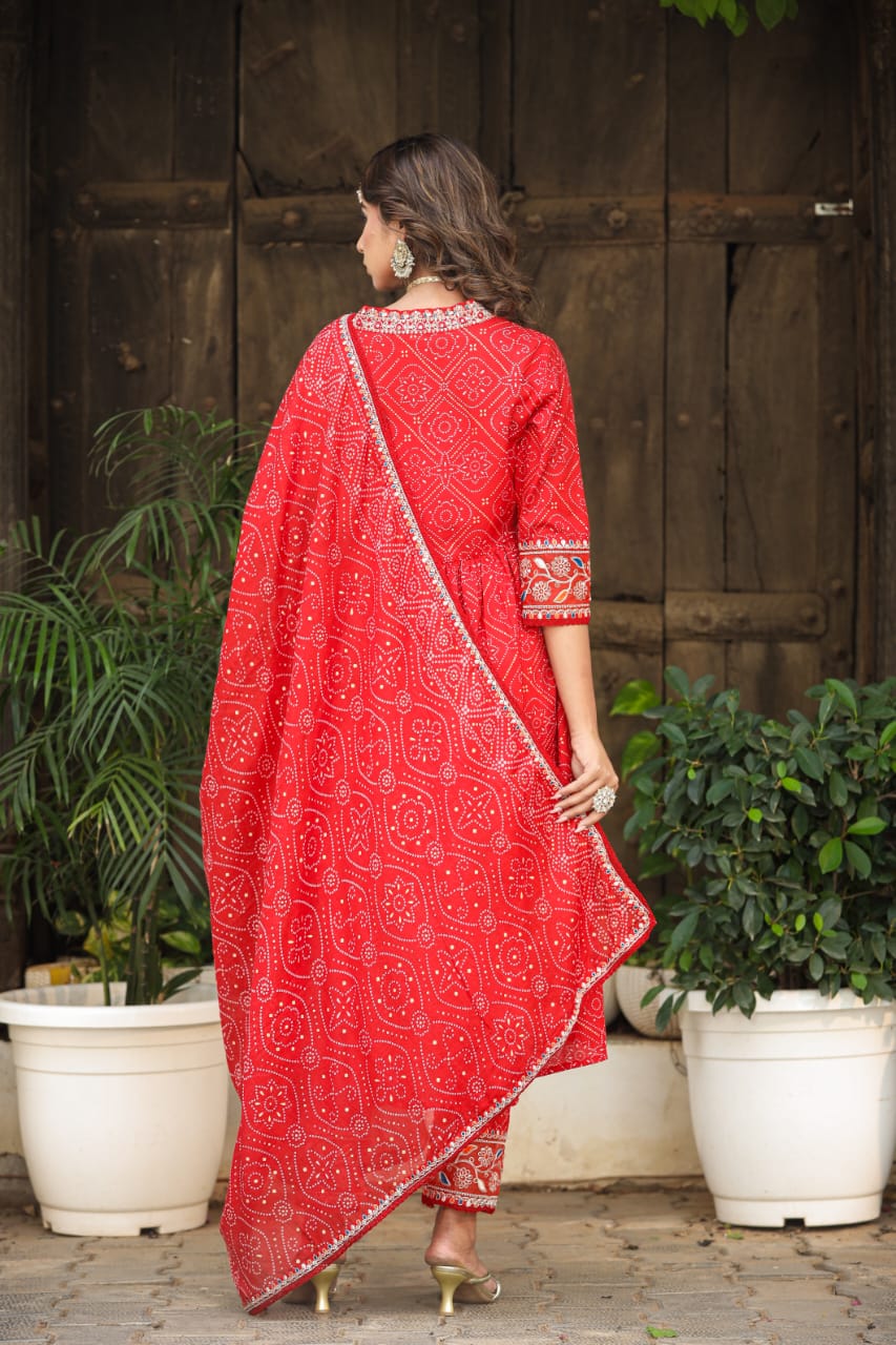Women Cotton Pure Bandhez Red Kurta Pant and Dupatta set
