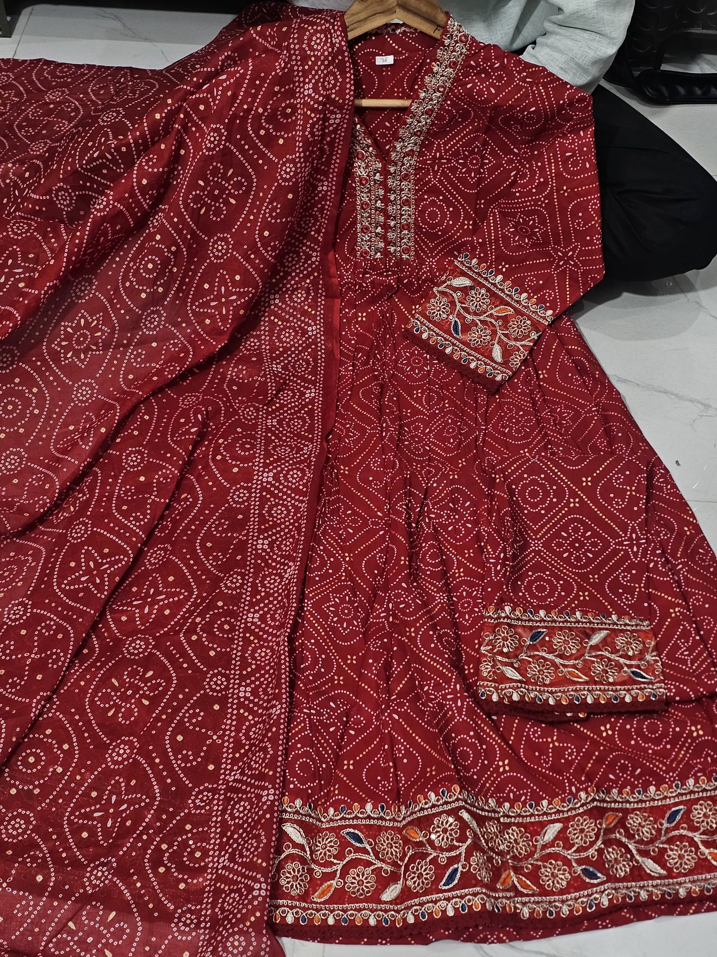 Women Cotton Pure Bandhez Red Kurta Pant and Dupatta set
