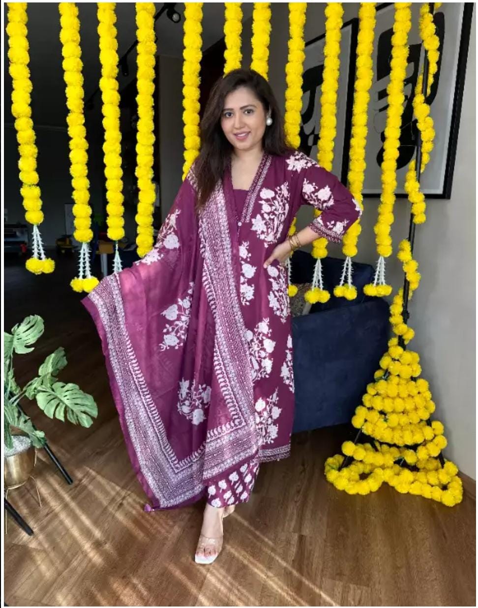 Women Cotton Wine Floral Kurta Pant and Dupatta set