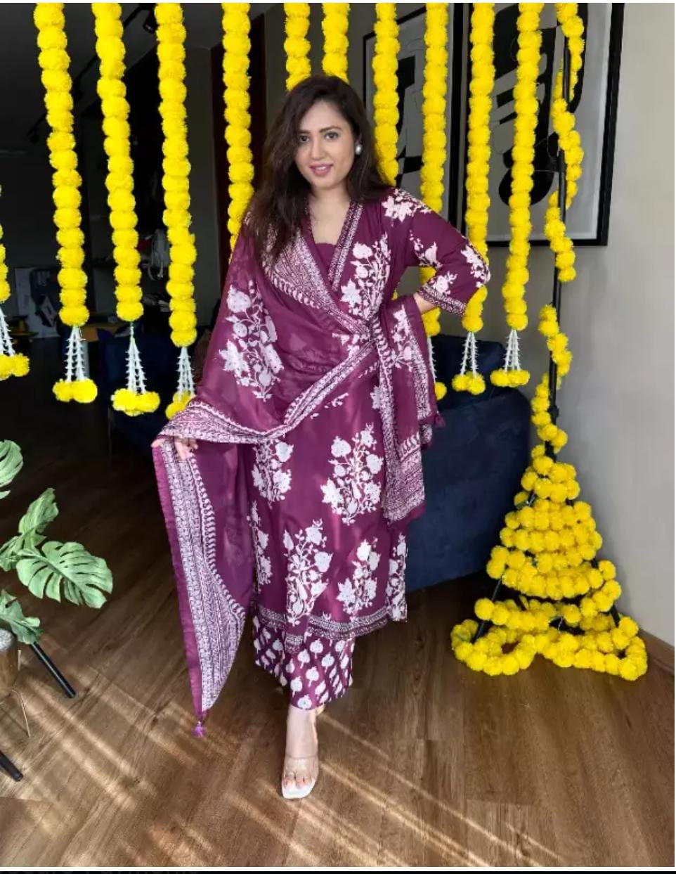 Women Cotton Wine Floral Kurta Pant and Dupatta set
