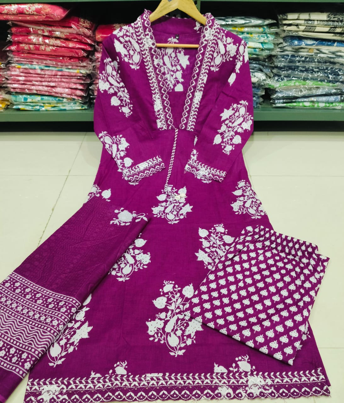 Women Cotton Wine Floral Kurta Pant and Dupatta set