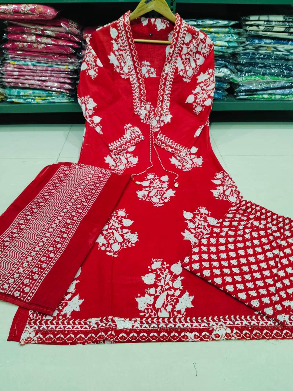 Women Cotton Red Floral Kurta Pant and Dupatta set