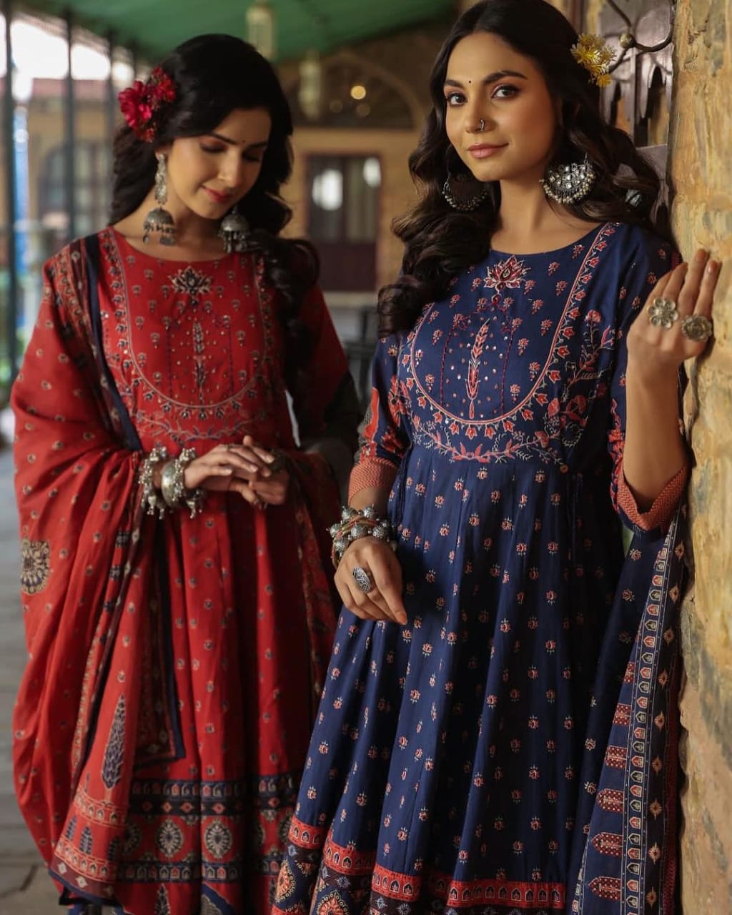 Women Anarkali Full gher Cotton Blue Dupatta set
