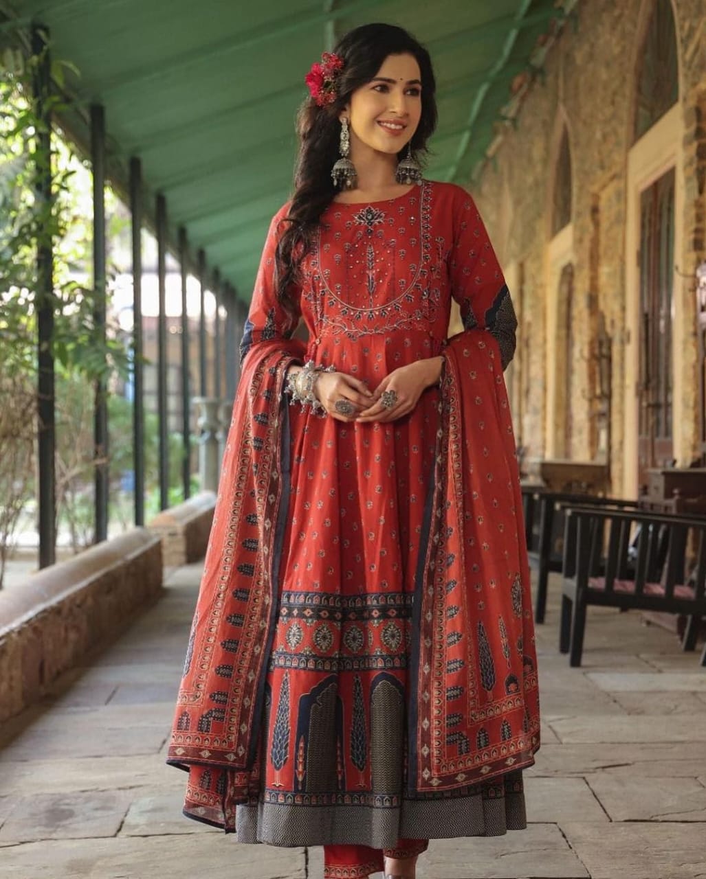 Women Anarkali Full gher Cotton Red Dupatta set