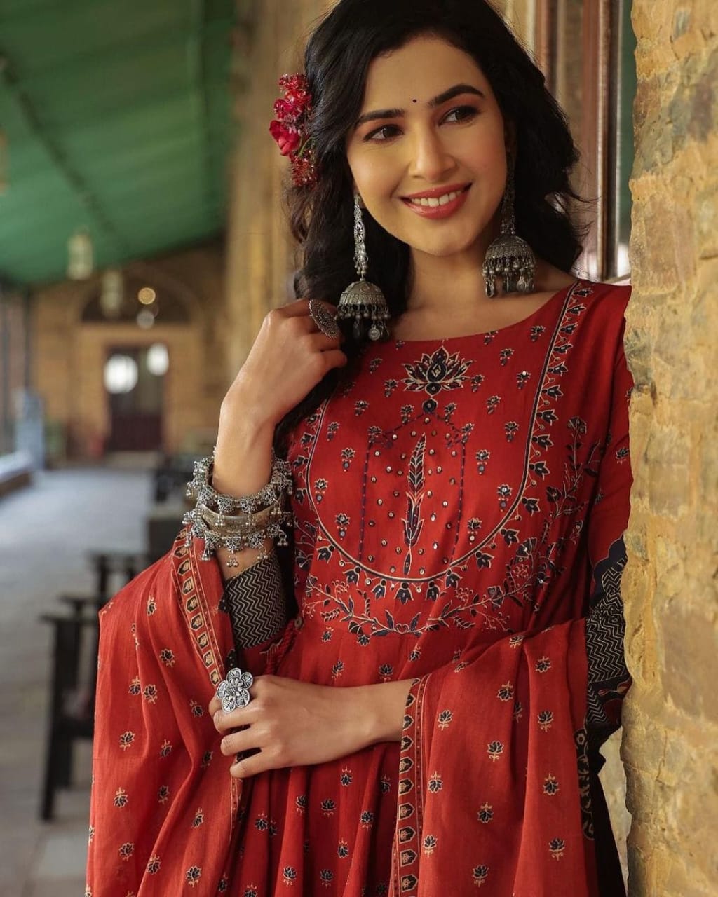 Women Anarkali Full gher Cotton Red Dupatta set