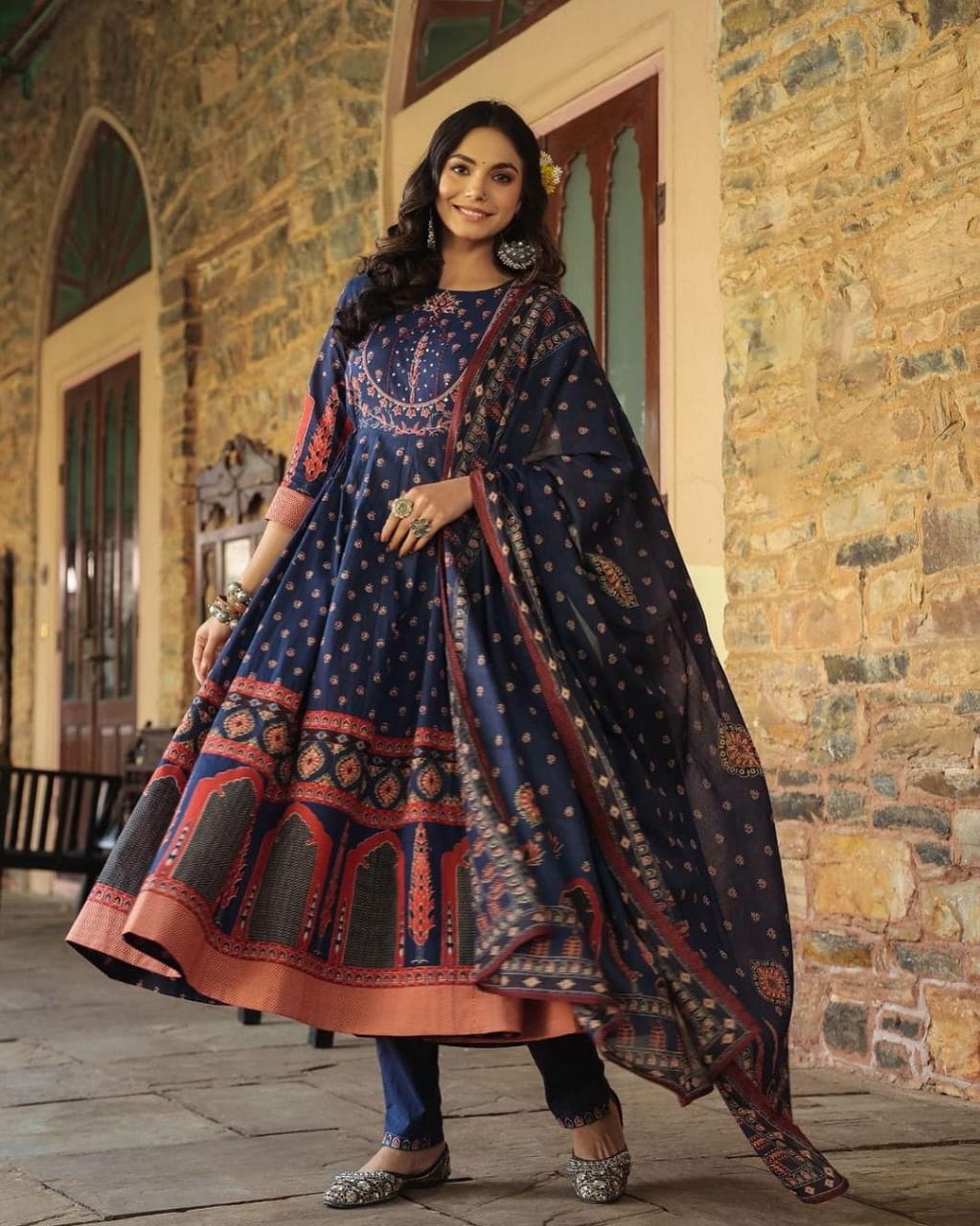 Women Anarkali Full gher Cotton Blue Dupatta set