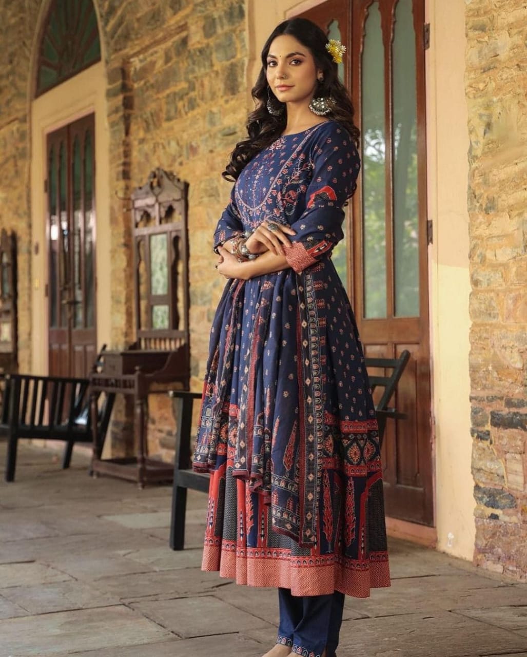 Women Anarkali Full gher Cotton Blue Dupatta set