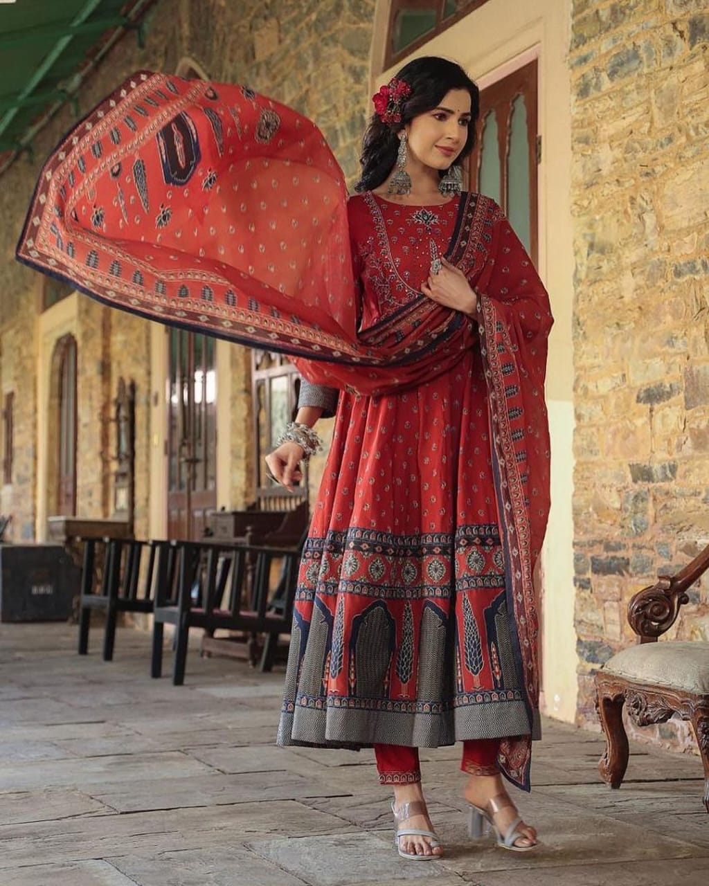 Women Anarkali Full gher Cotton Red Dupatta set