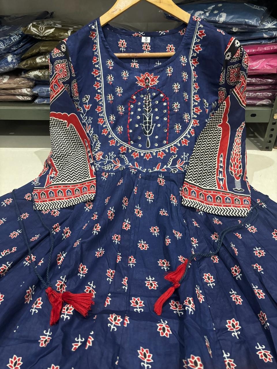 Women Anarkali Full gher Cotton Blue Dupatta set