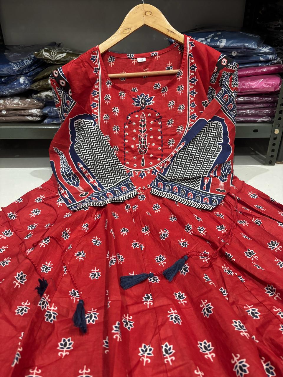 Women Anarkali Full gher Cotton Red Dupatta set
