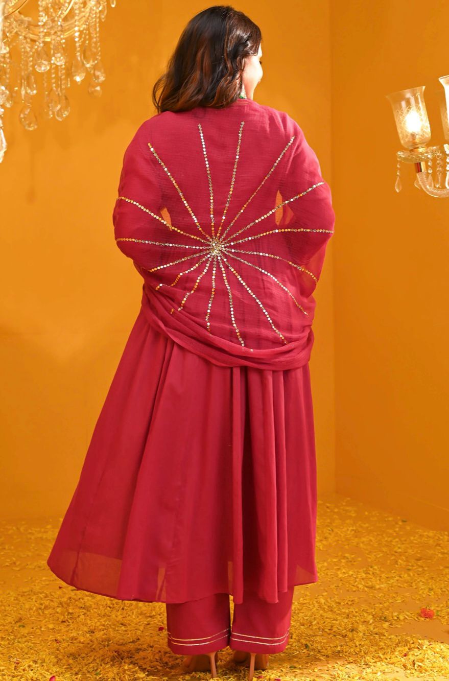 Women Cotton Red Anarkali Dupatta set
