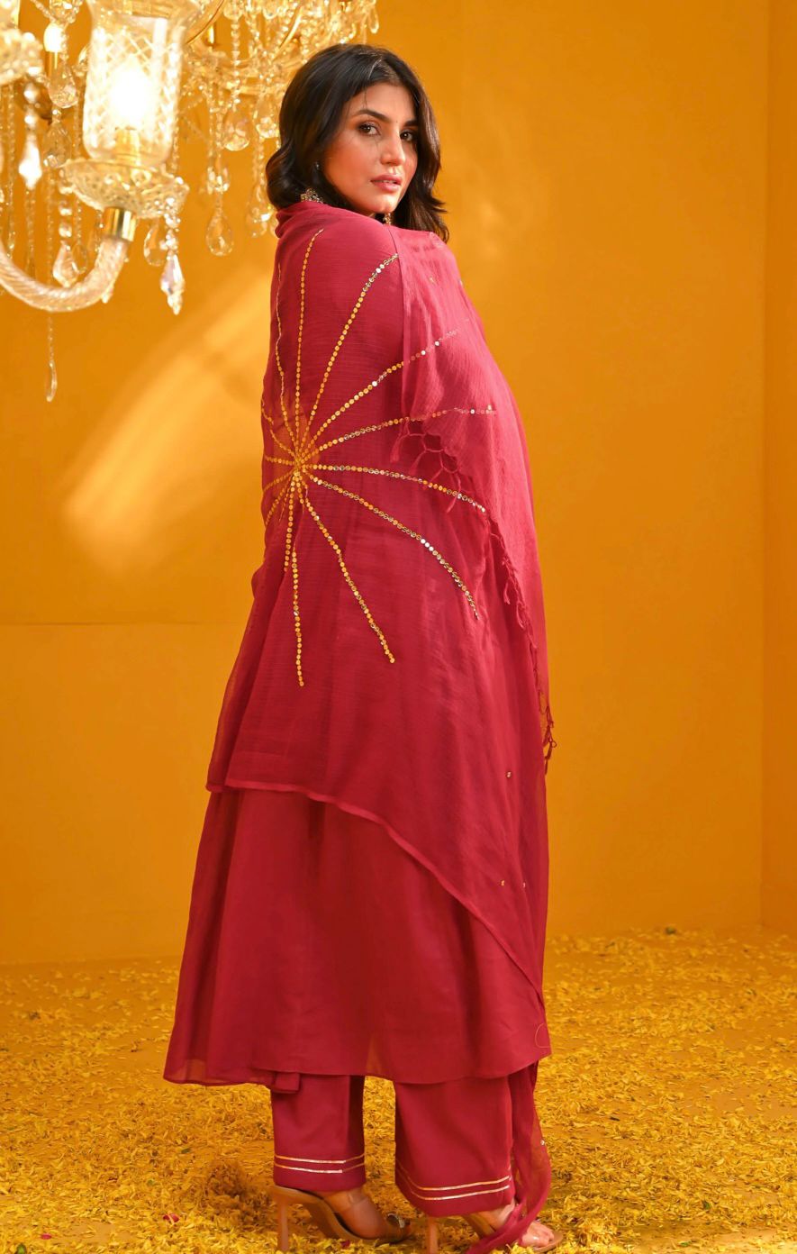 Women Cotton Red Anarkali Dupatta set