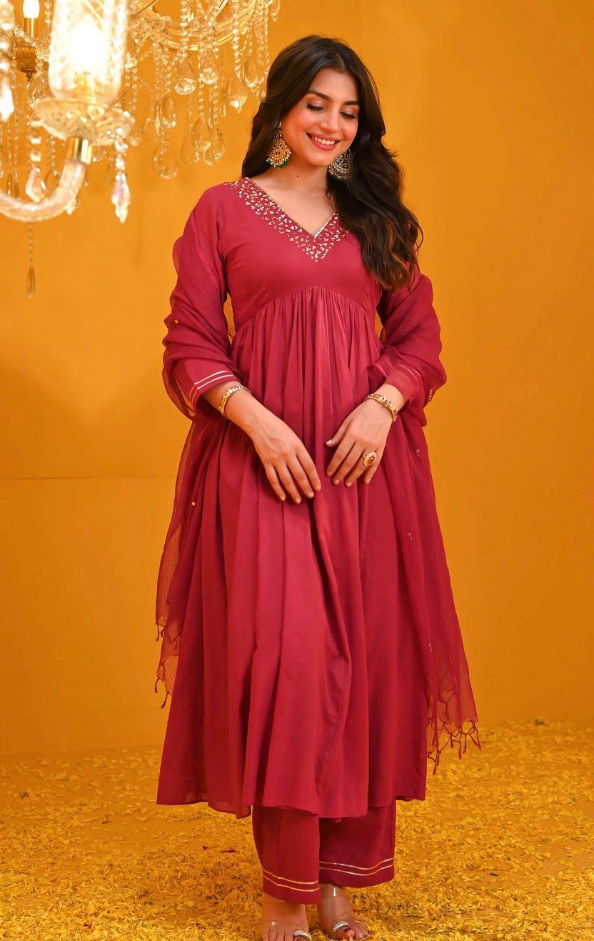 Women Cotton Red Anarkali Dupatta set