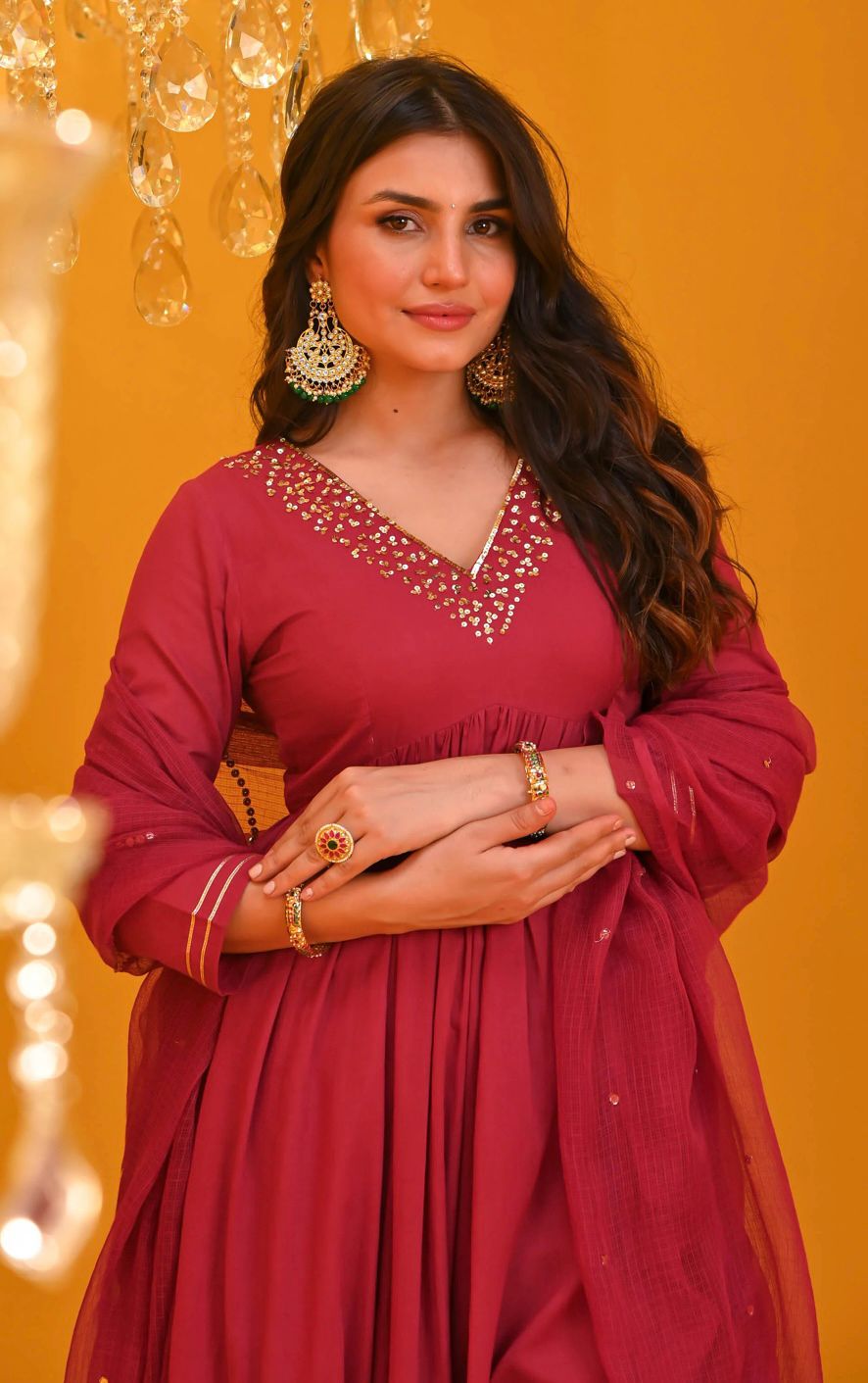 Women Cotton Red Anarkali Dupatta set