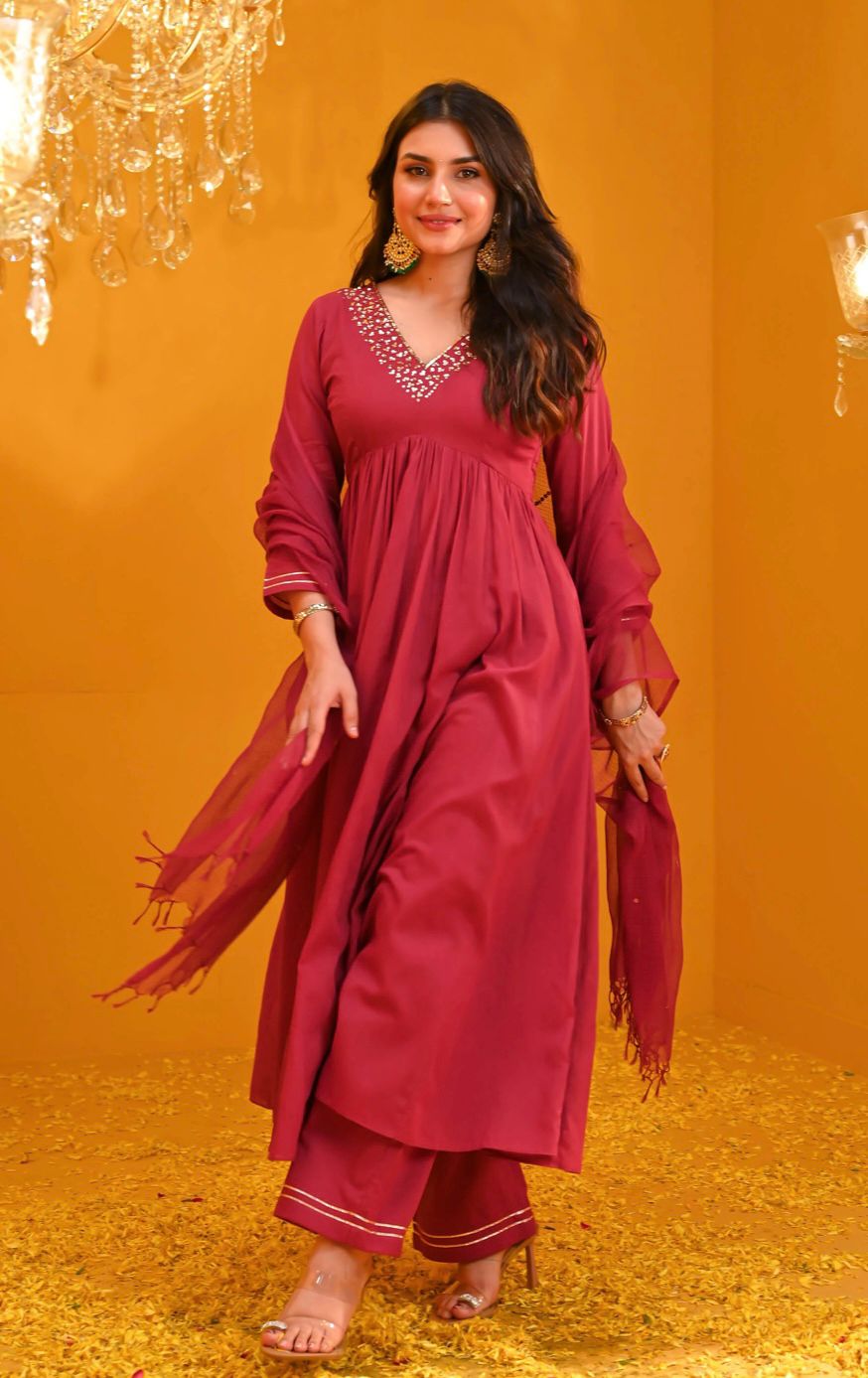Women Cotton Red Anarkali Dupatta set