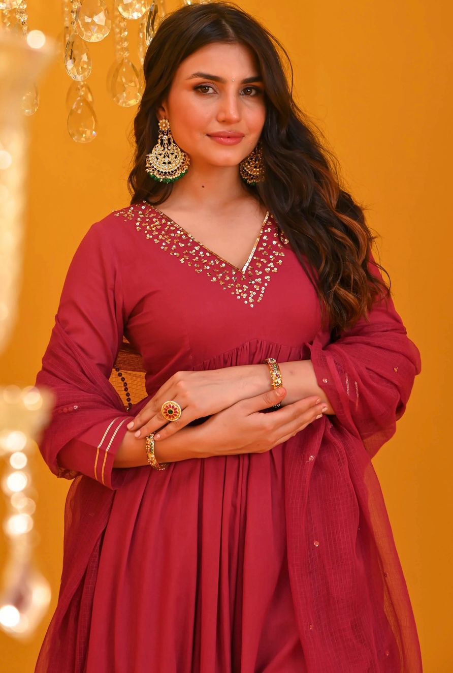 Women Cotton Red Anarkali Dupatta set