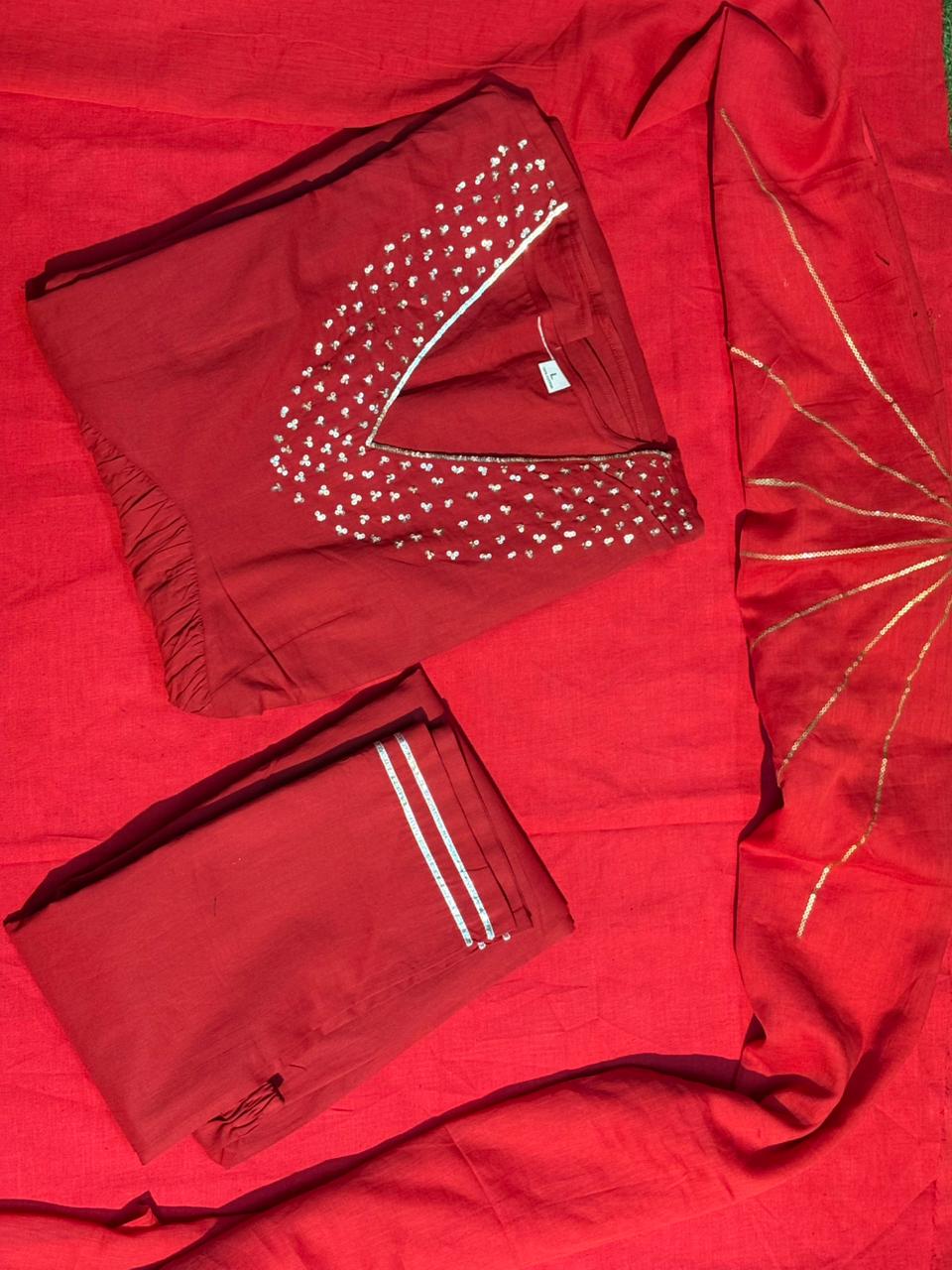 Women Cotton Red Anarkali Dupatta set