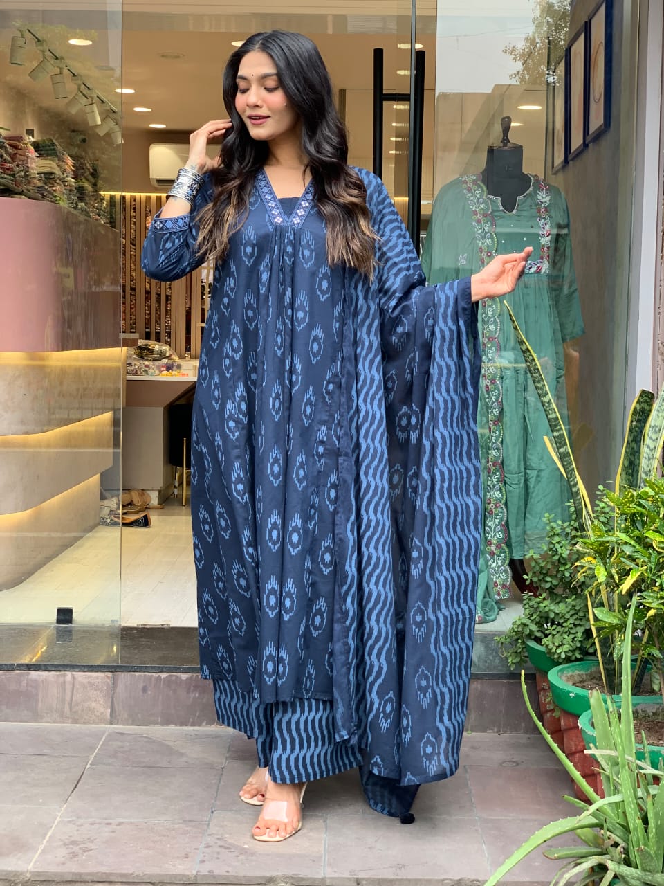 Women Cotton Ikkat Blue Kurta Pant and Dupatta set