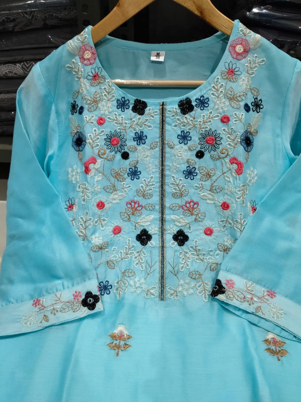 Women Chanderi Silk Sky Blue Kurta Pant and Dupatta set