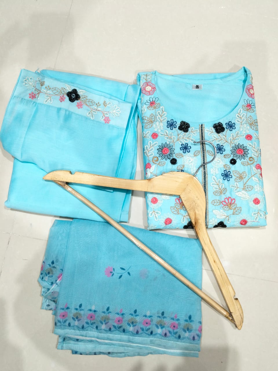 Women Chanderi Silk Sky Blue Kurta Pant and Dupatta set