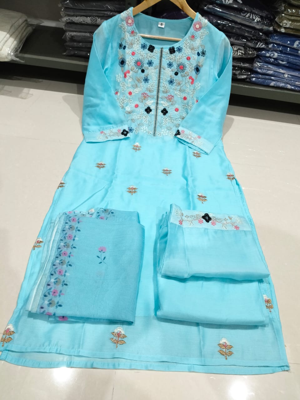 Women Chanderi Silk Sky Blue Kurta Pant and Dupatta set