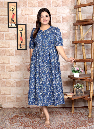 Women Blue Floral Cotton Middi