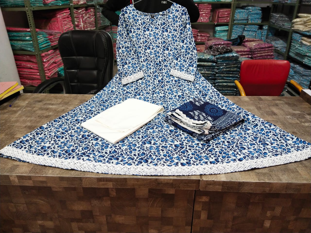 Indigo Floral Print Anarkali Kurta, Bottom & Dupatta Set