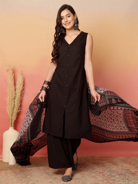 Women Black Straight Fit Kurta with Pant & Dupatta