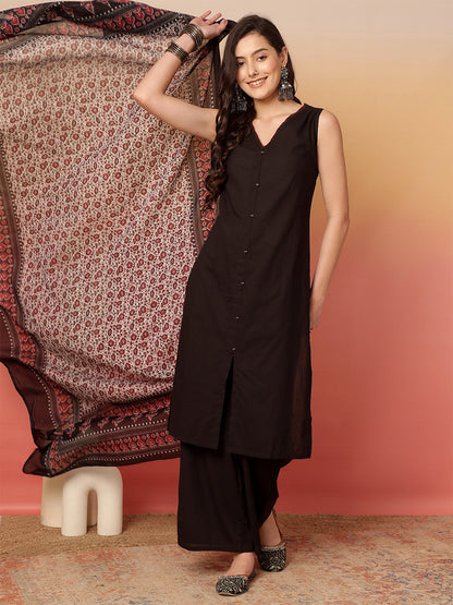 Women Black Straight Fit Kurta with Pant & Dupatta