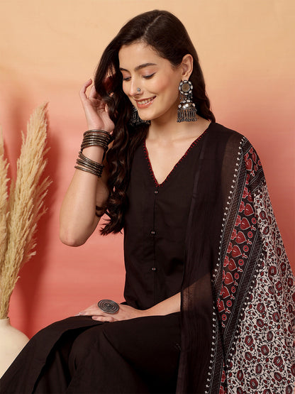 Women Black Straight Fit Kurta with Pant & Dupatta