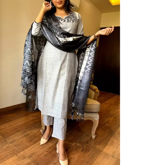 Trending Khadi Cotton Grey Kurta Pant and Dupatta set