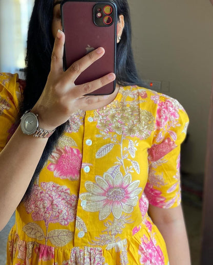 Women Yellow Floral Cotton Middi Gown