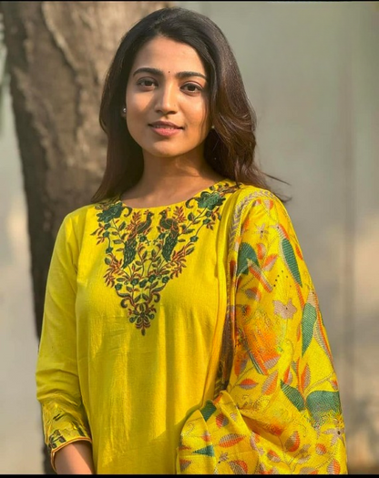 Women Cotton Slub Yellow Kurta Pant and Madhubani Print Dupatta set